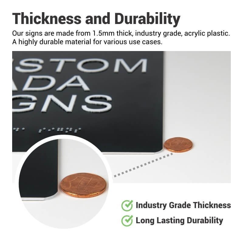 Comparison of the sign's thickness to a penny with information on the sign's durability