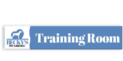 Blue full-color plastic sign with white text that says Training Room and a company logo to the left of the text