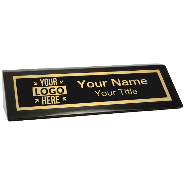 Custom Black Desk Wedge with Black Plate and Logo | 2" x 8"