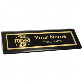 Custom Black Desk Wedge with Black Plate and Logo | 2" x 8"