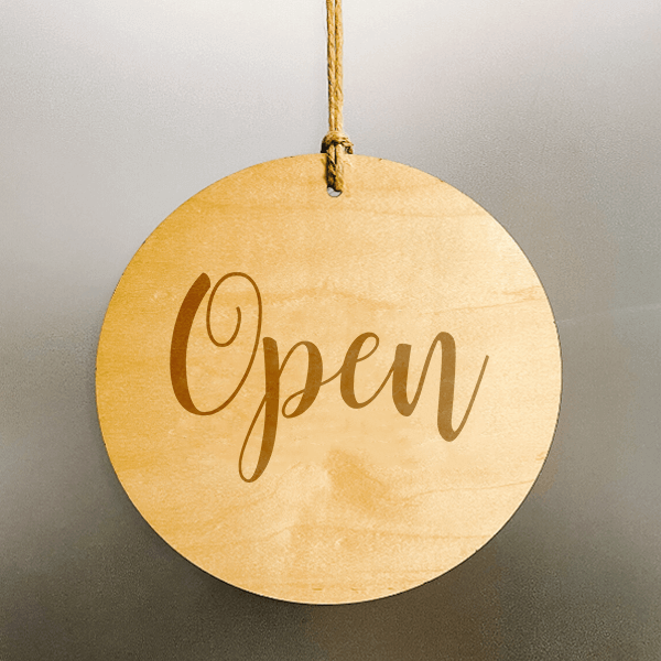 Elegant Script Wood Engraved Open Sign